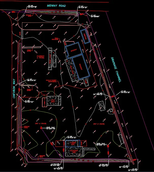 Topographical site plan with buildings, roads, and contour lines on a black background.