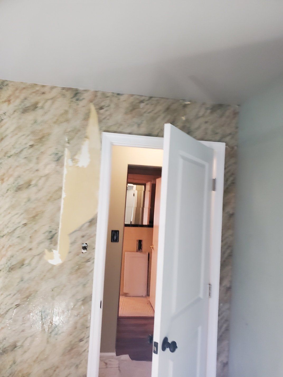 A white door is open to a room with marble walls