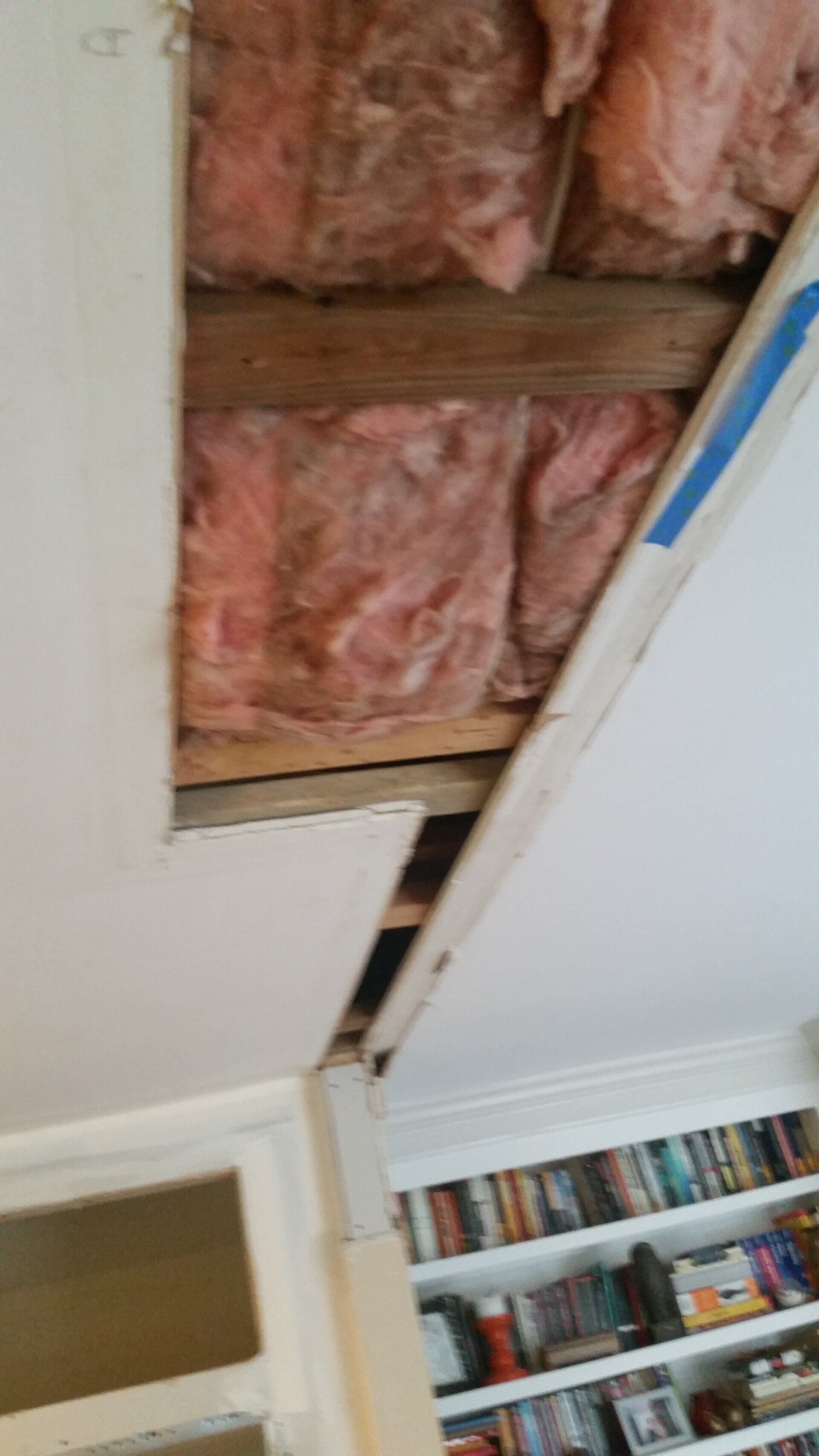 There is a hole in the ceiling in a room with bookshelves.