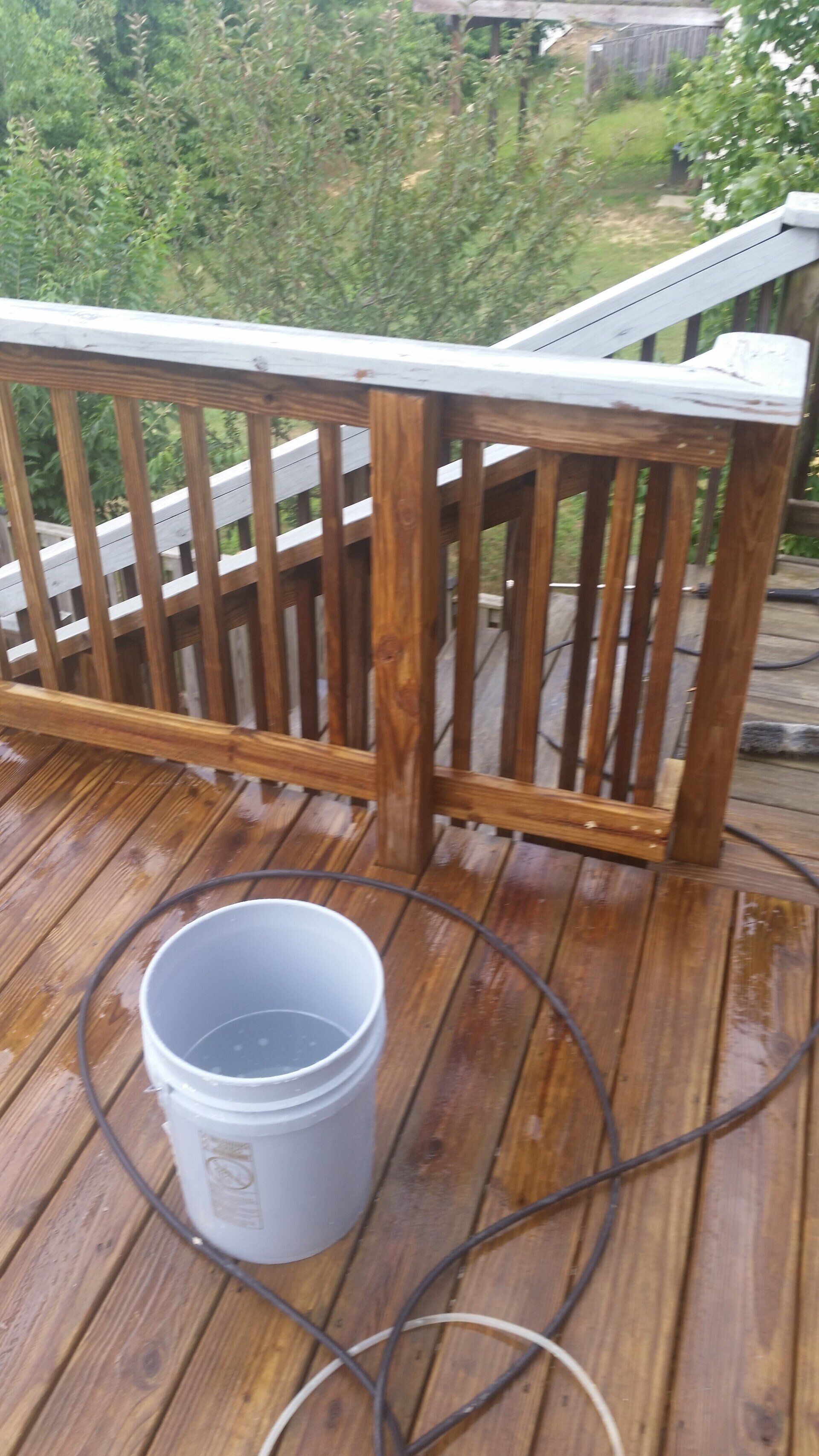 A bucket of water is sitting on a wooden deck next to a hose.