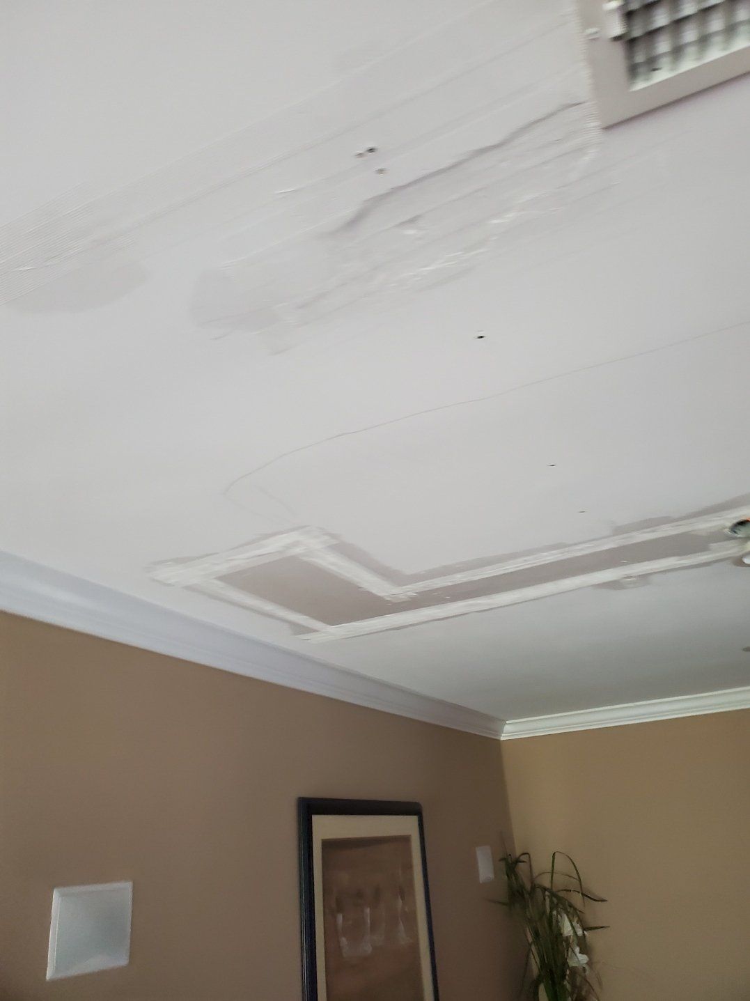 A living room with a white ceiling and brown walls