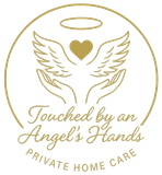 Gold logo: Hands cupping wings and heart, halo above. Text reads "Touched by an Angel's Hands, Private Home Care."
