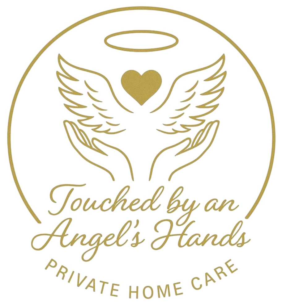 Gold logo: Hands cupping wings and heart, halo above. Text reads "Touched by an Angel's Hands, Private Home Care."