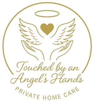 Gold logo: Hands cupping wings and heart, halo above. Text reads "Touched by an Angel's Hands, Private Home Care."