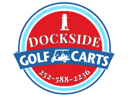 A red and blue logo for dockside golf carts