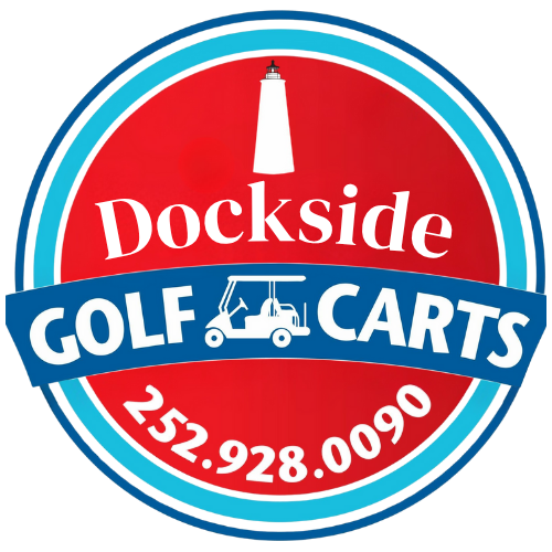 A red and blue logo for dockside golf carts