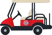 A red golf cart with a white roof on a white background.