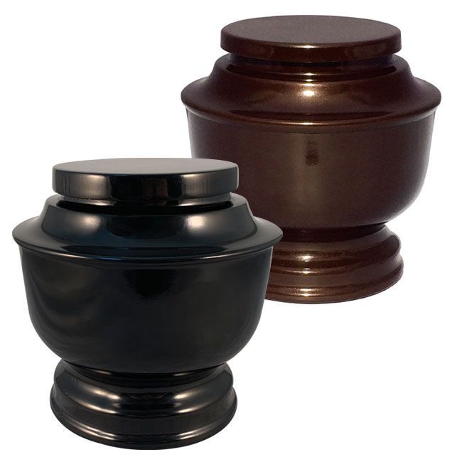 A black urn and a brown urn on a white background