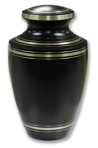 A black vase with a gold stripe on the side