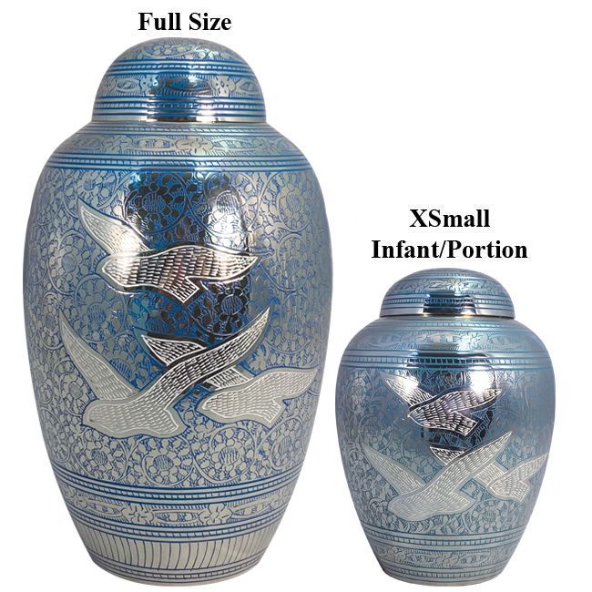 A full size vase and a small vase with birds on them