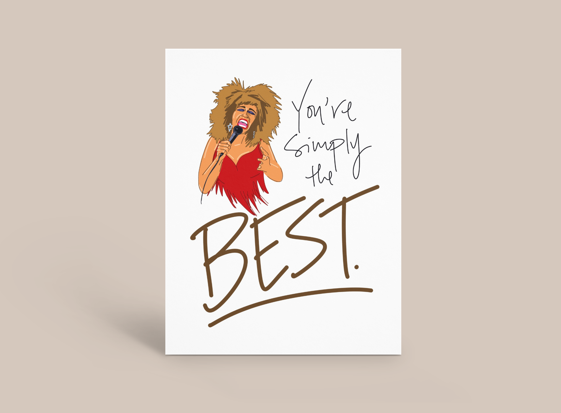 Handwritten card reading “You’re simply the BEST” with a blonde woman illustration holding her head.