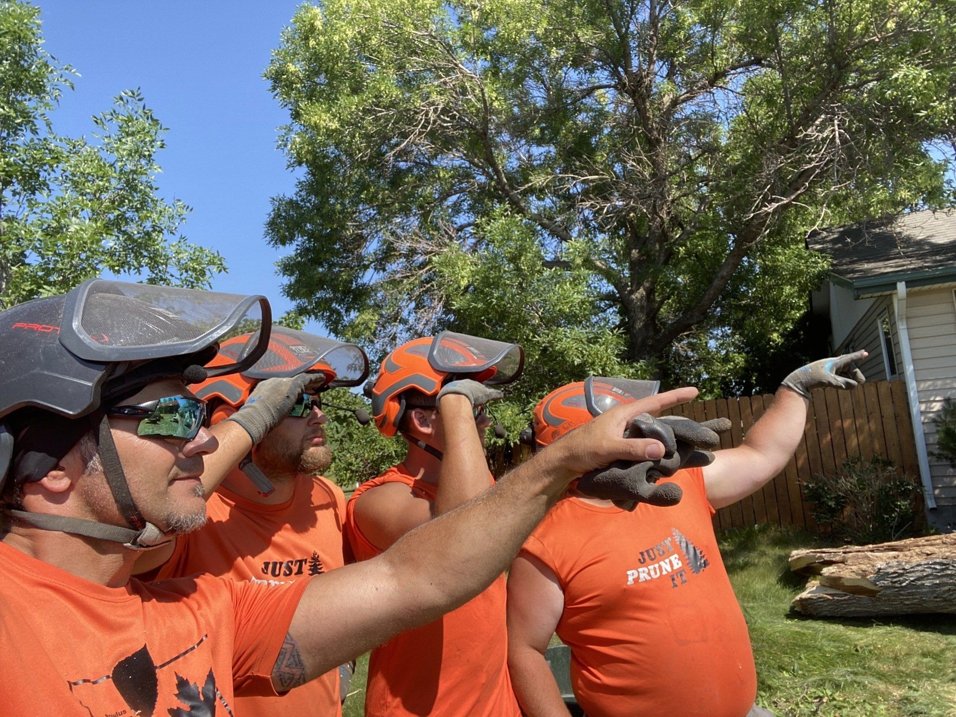 A group of men wearing orange shirts and helmets are pointing at something.