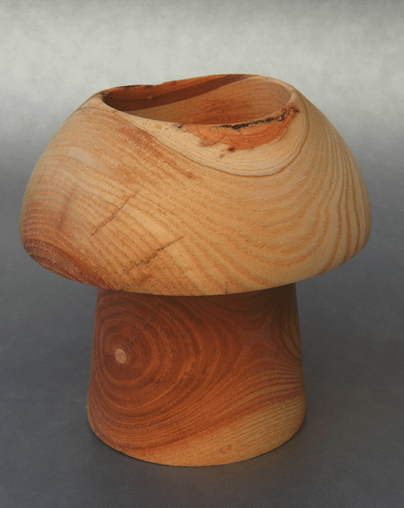 A wooden mushroom shaped object is sitting on a table