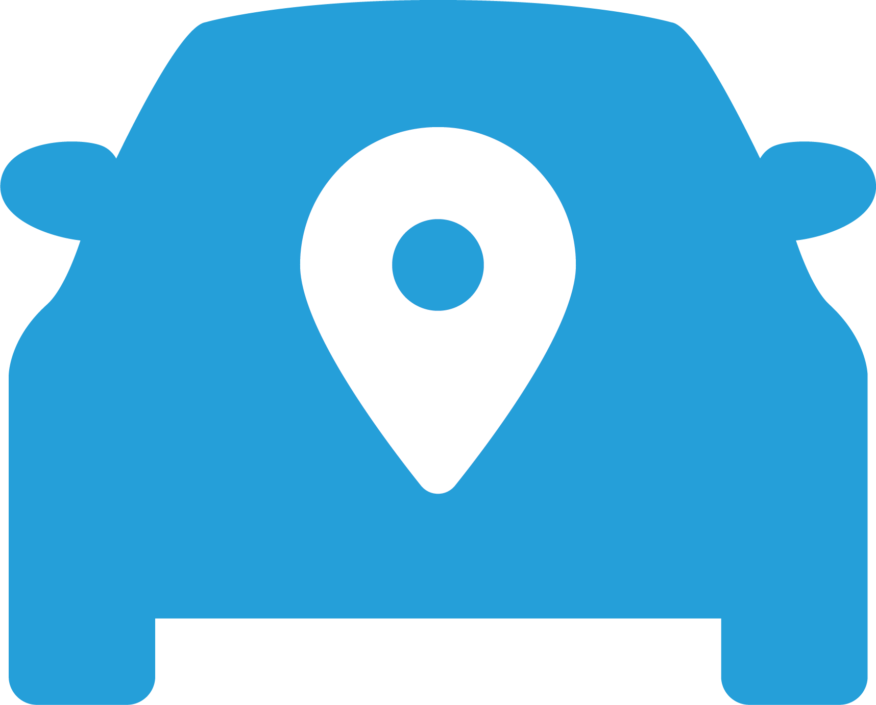 A blue car with a white pin on the front.