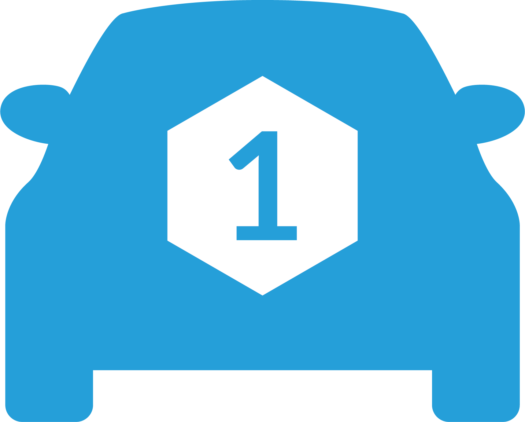 A blue car with a white hexagon with the number 1 on it.