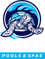 Logo for Bekko Pools & Spas featuring a stylized sea turtle swimming inside a blue circular wave frame.