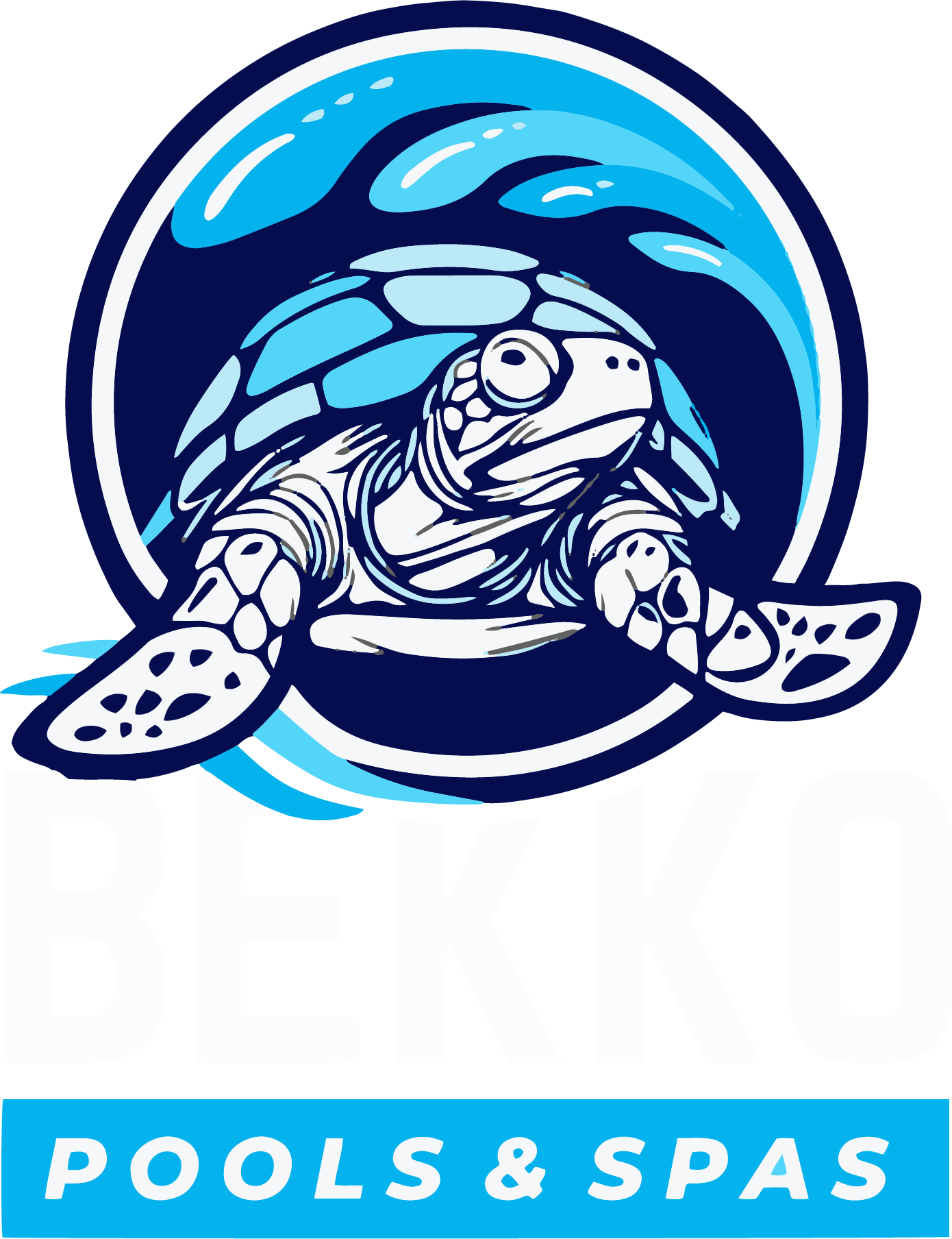 Logo for Bekko Pools & Spas featuring a blue sea turtle illustration inside a circular wave design.