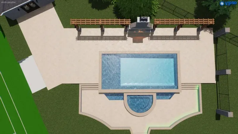 A top-down 3D rendering of a rectangular swimming pool with a circular spa, stone patio, fireplace, and two pergolas.