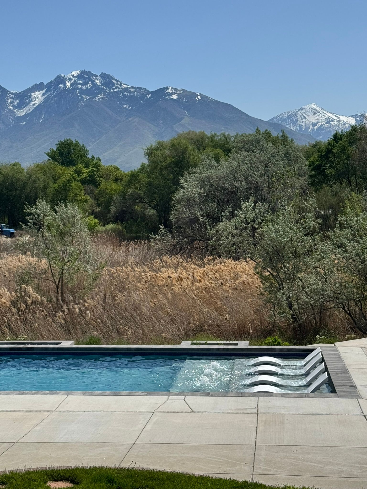 A rectangular swimming pool with built-in lounge chairs faces a field, trees, and snow-capped mountains under a clear sky.