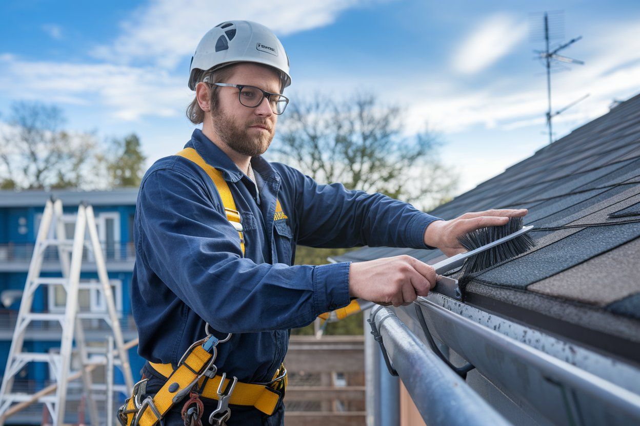 A man is working on a gutter on a roof.