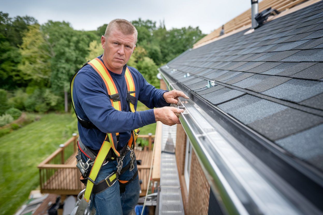 A man is working on a gutter on a roof.