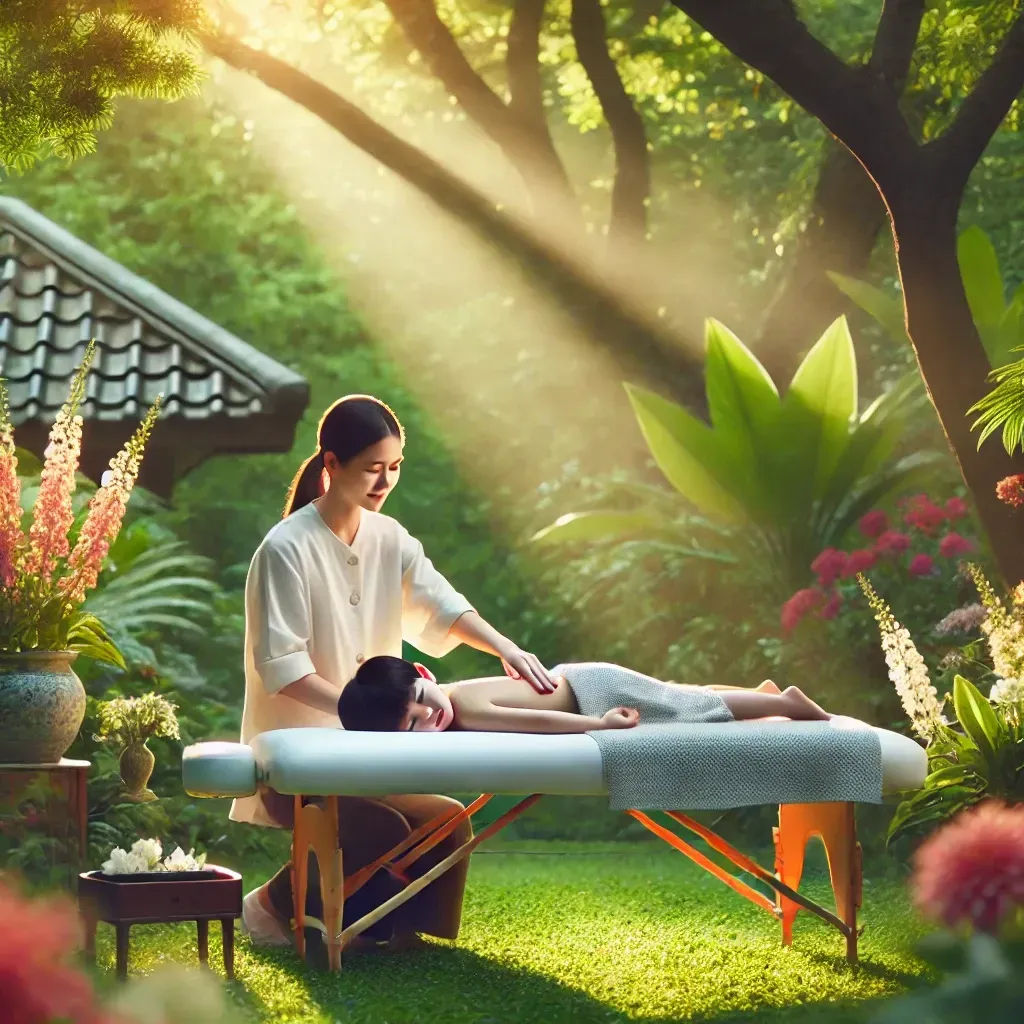 Massage session for a child, natural background. Therapist and child lying down on the massage table