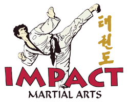the logo for impact martial arts shows a man kicking in the air