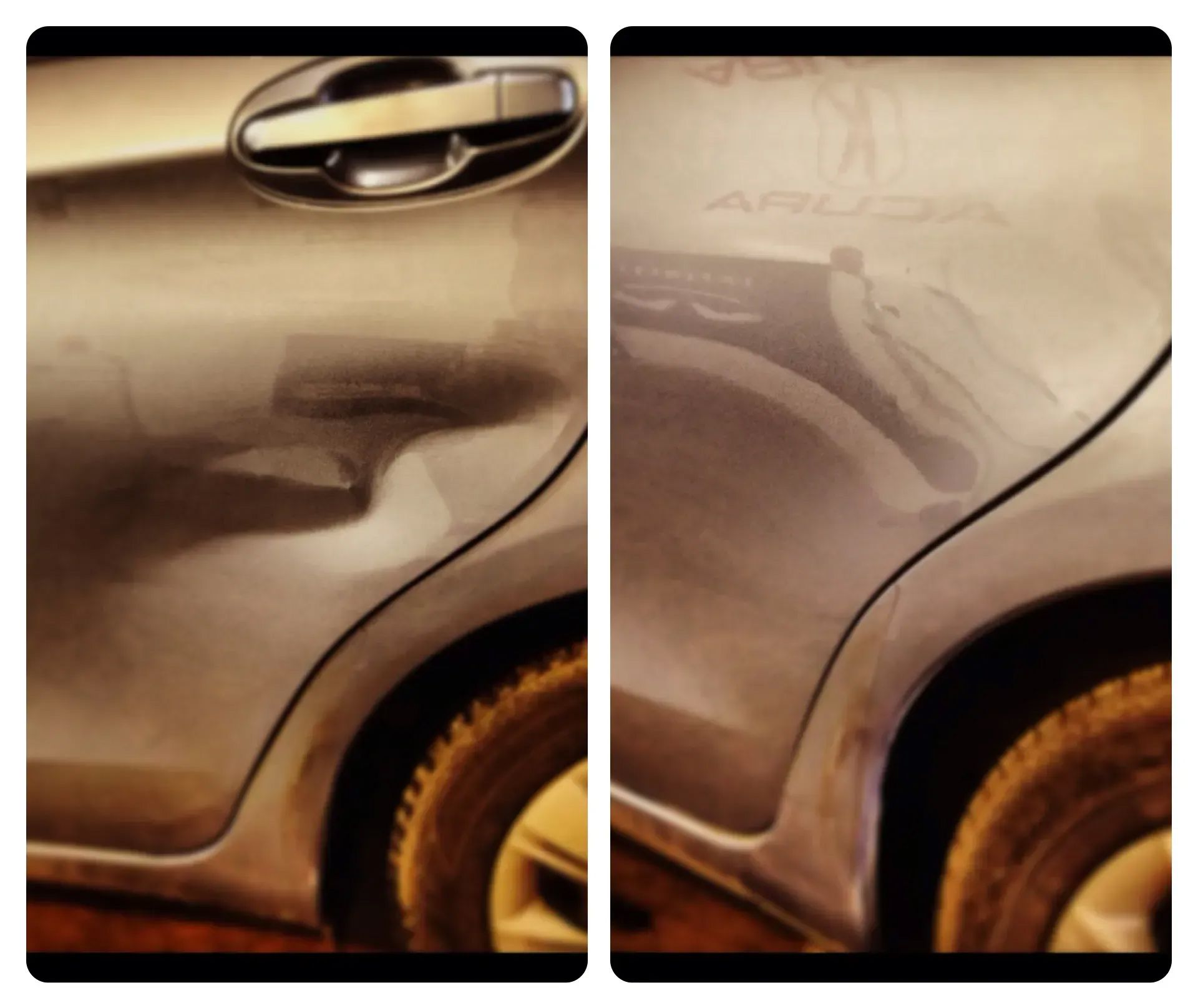 A picture of a car before and after being repaired