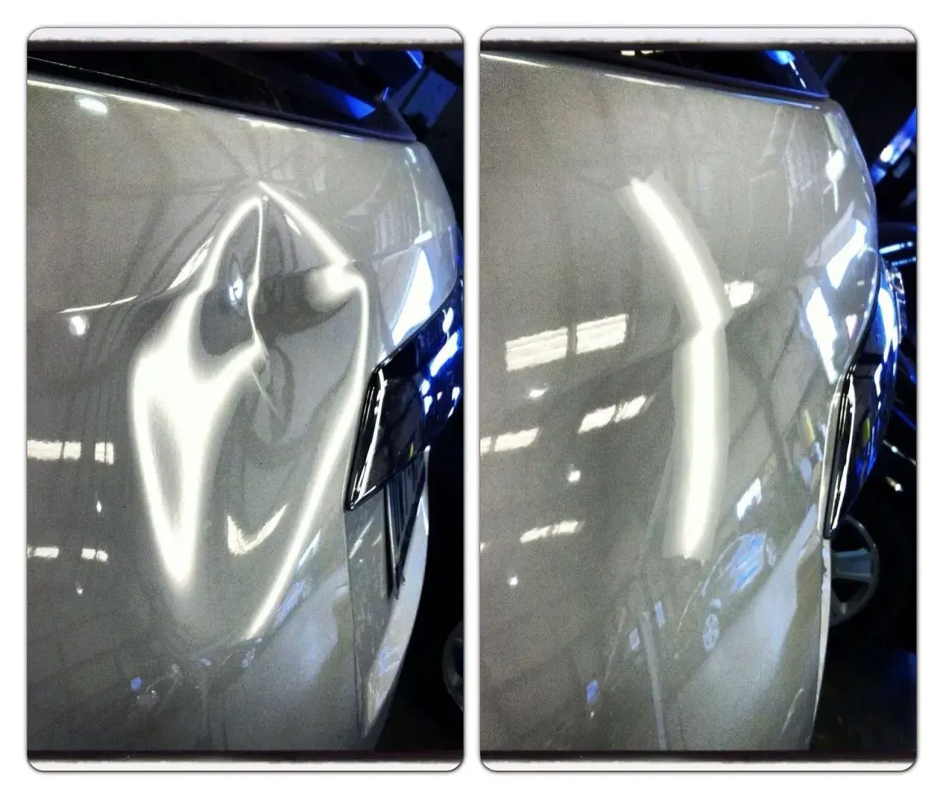 A before and after photo of a car with dents