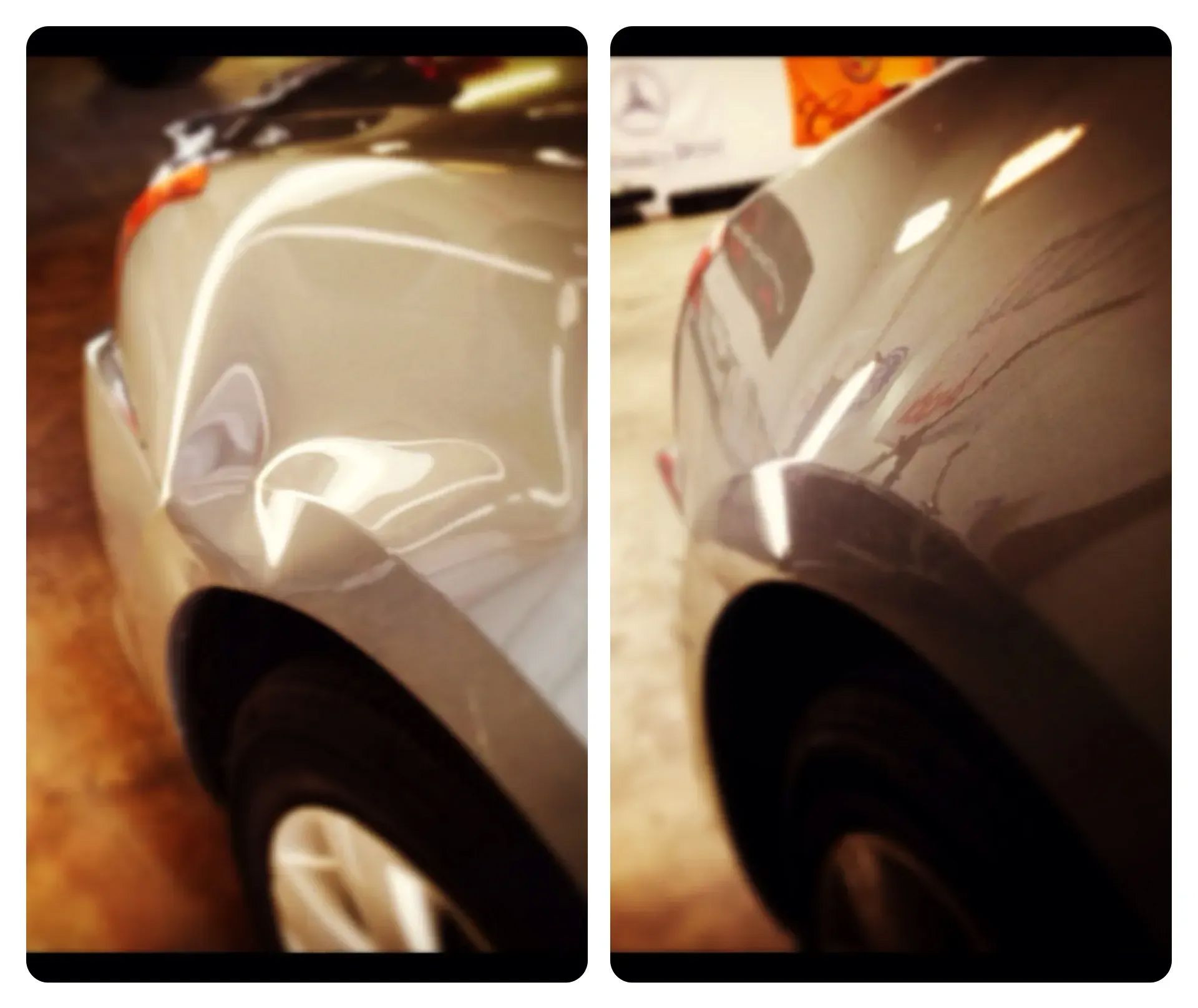 A before and after photo of a car 's fender