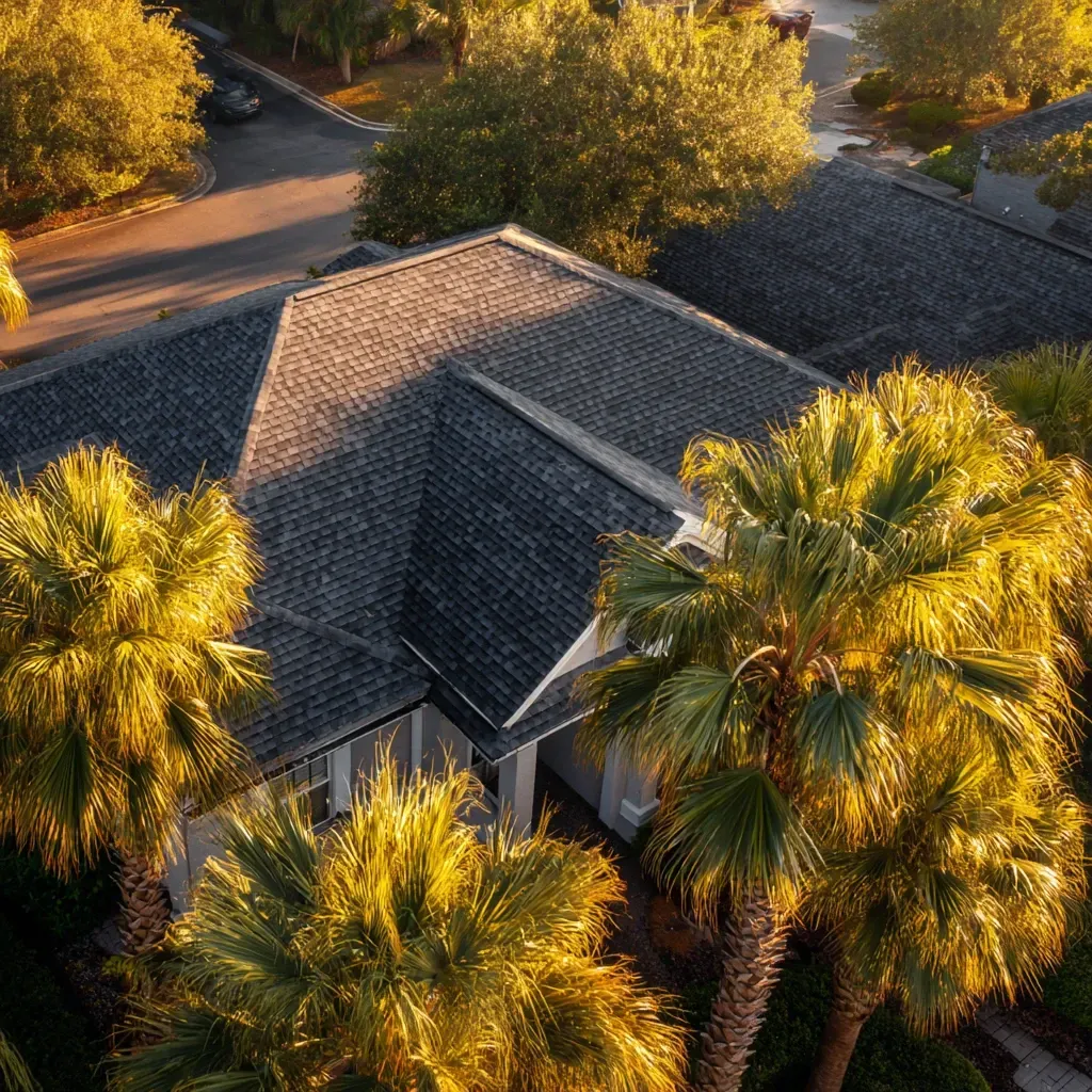 Brandon FL asphalt shingle roofing crews replacing damaged 3-tab shingles, securing drip edge flashing, and upgrading to algae-resistant architectural products.