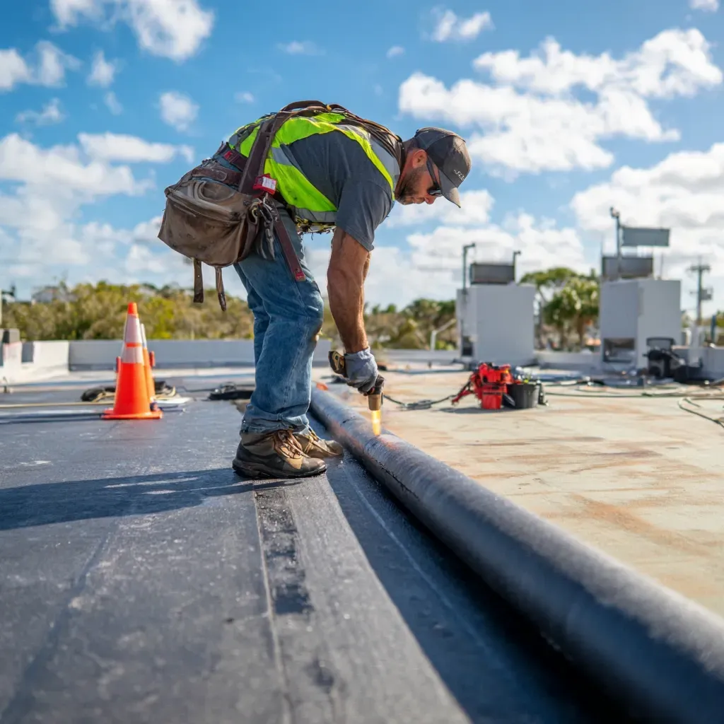 Brandon FL commercial roof sealant crews power washing roof surfaces, applying primer, and spraying high-build silicone in multiple passes.
