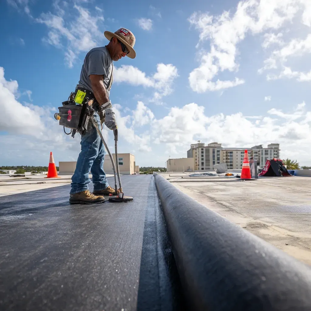 Flat roofing company Brandon FL repairing ponding water issues, rebuilding roof slope with tapered insulation, and installing new roof scuppers.
