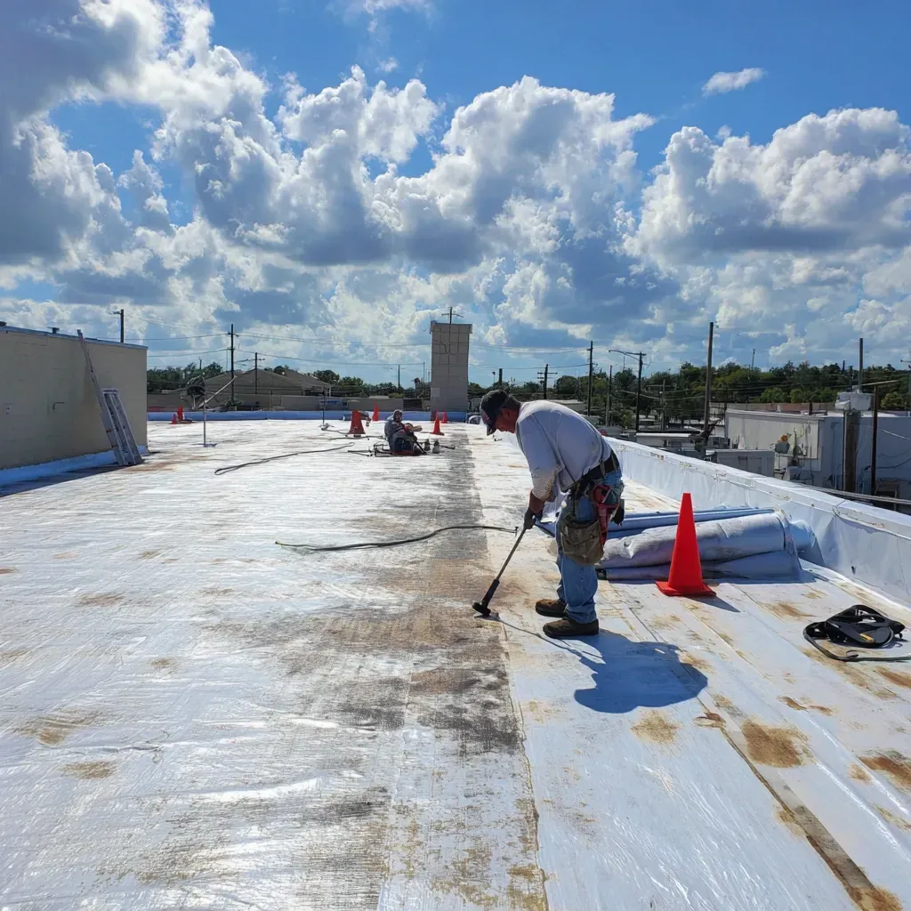 Brandon FL flat roof installers replacing deteriorated built-up roofing (BUR), re-flashing parapets, and sealing roof curbs with high-tensile coatings.