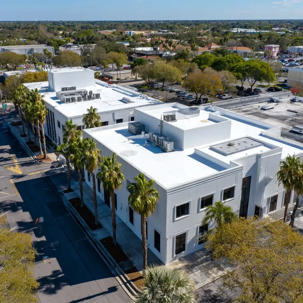 Metal commercial roof coating Brandon FL systems using rust-inhibiting primers, seam caulking, and white acrylic top layers.