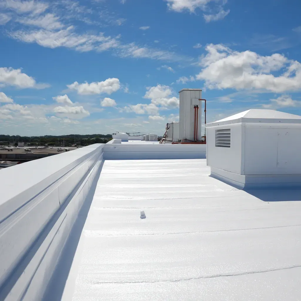 Flat roof coating Brandon FL crews applying acrylic and silicone coatings over modified bitumen systems to extend lifespan and improve energy performance.