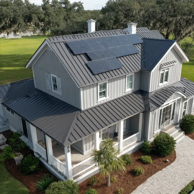 Brandon FL metal roofing experts cutting standing seam panels, anchoring eave trim, and installing waterproof butyl tape seams with stainless steel fasteners.