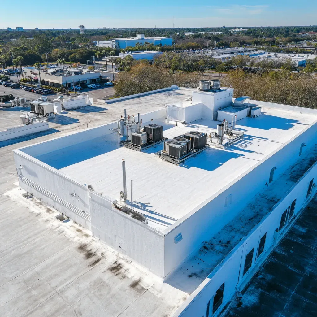 Low-slope roofing Brandon FL professionals using EPDM rubber membranes, ballast systems, and perimeter anchor bars for wind uplift prevention.
