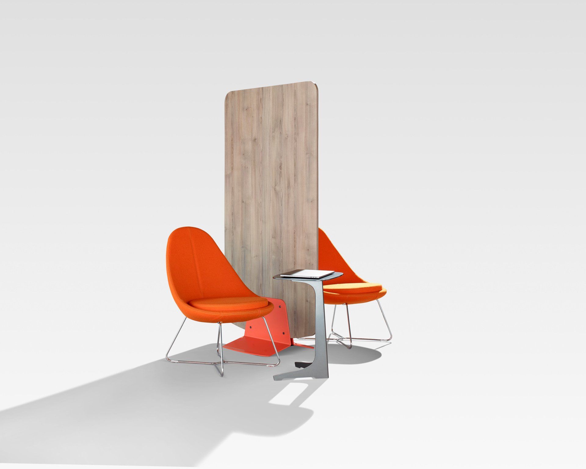 Freestanding laminate divider between orange chairs