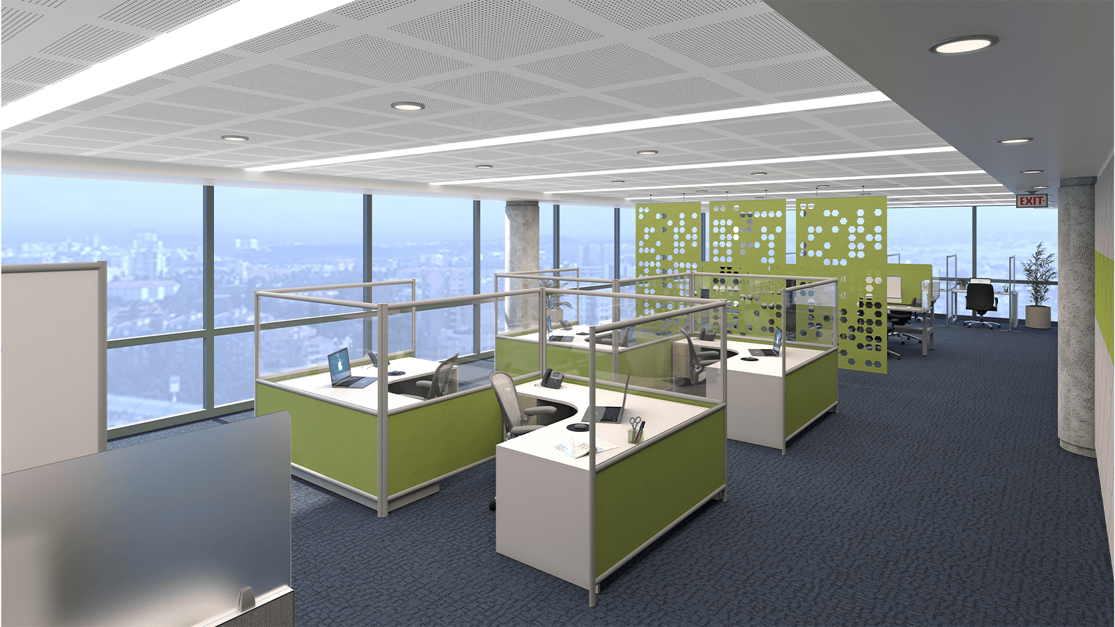 MergeWorks Duplex Wall desk dividers with EchoDeco hanging acoustic panels