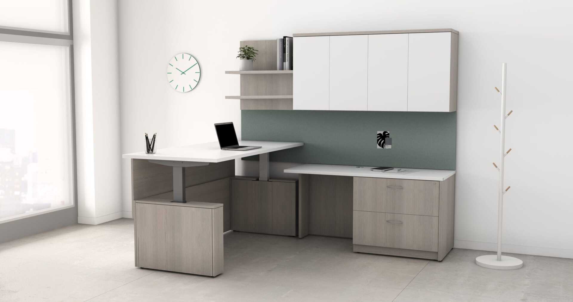 Deskmakers Ascend adjustable L-shape desk with tall wall-mounted hutch