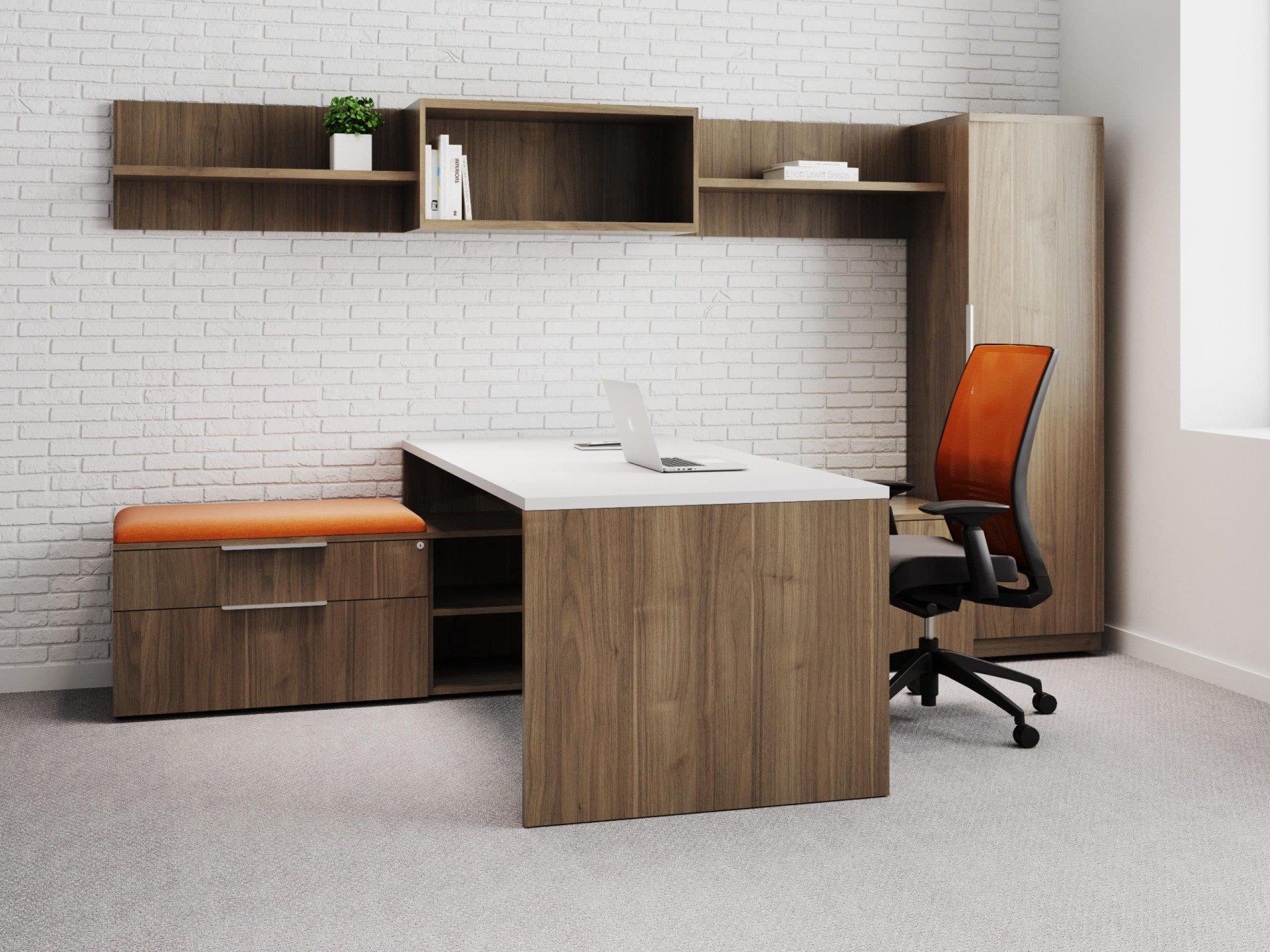 Deskmakers Convergence modern desk with open hutch