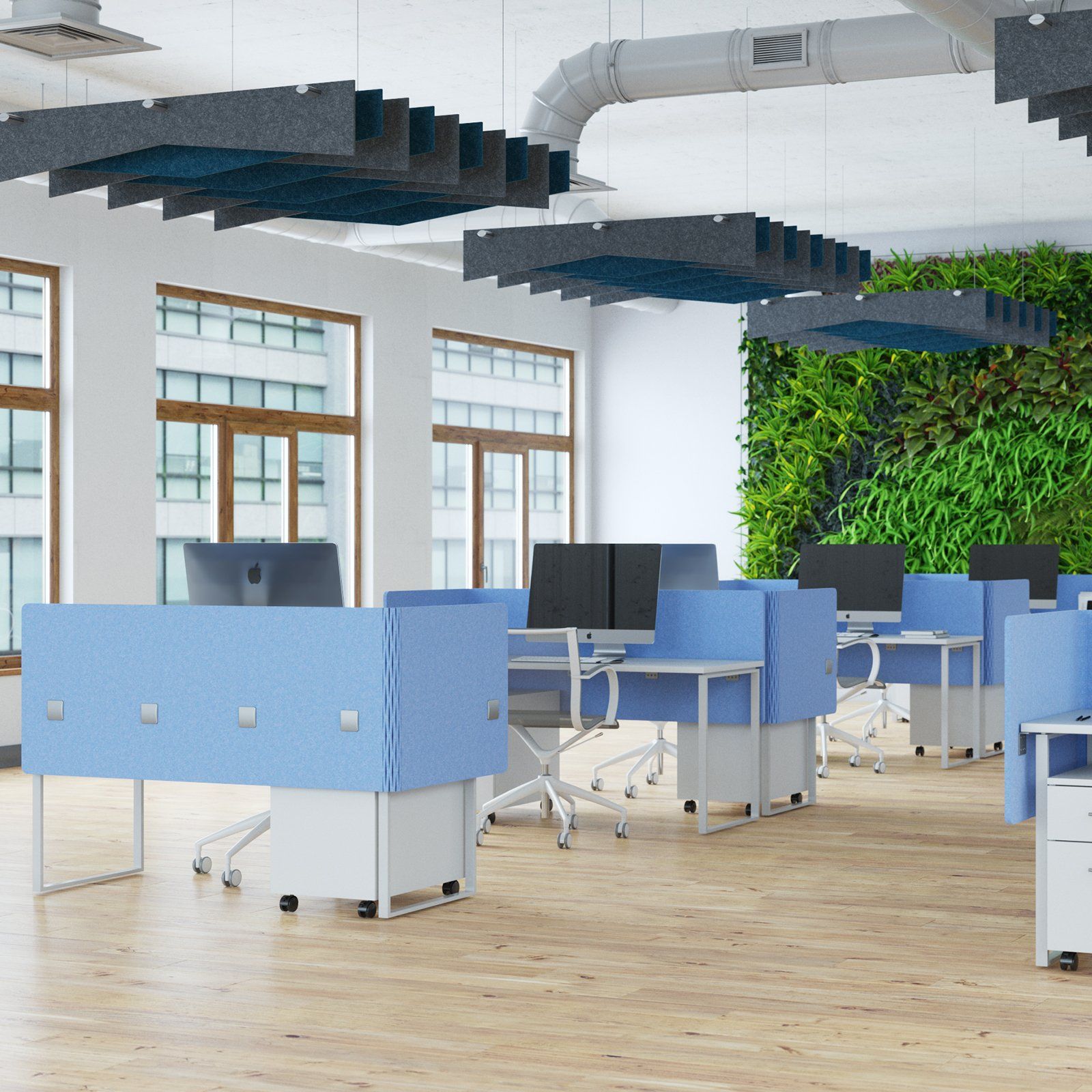 MergeWorks EchoWrap Midtown PET privacy panels & EchoDeco Baffles overhead acoustic solution