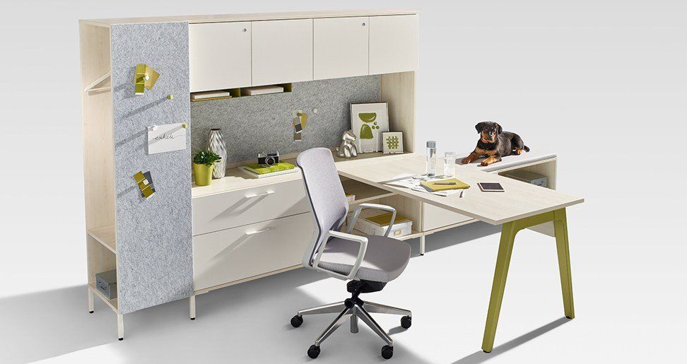 Halifax L-shape desk with credenza seat & PET acoustic tackboards