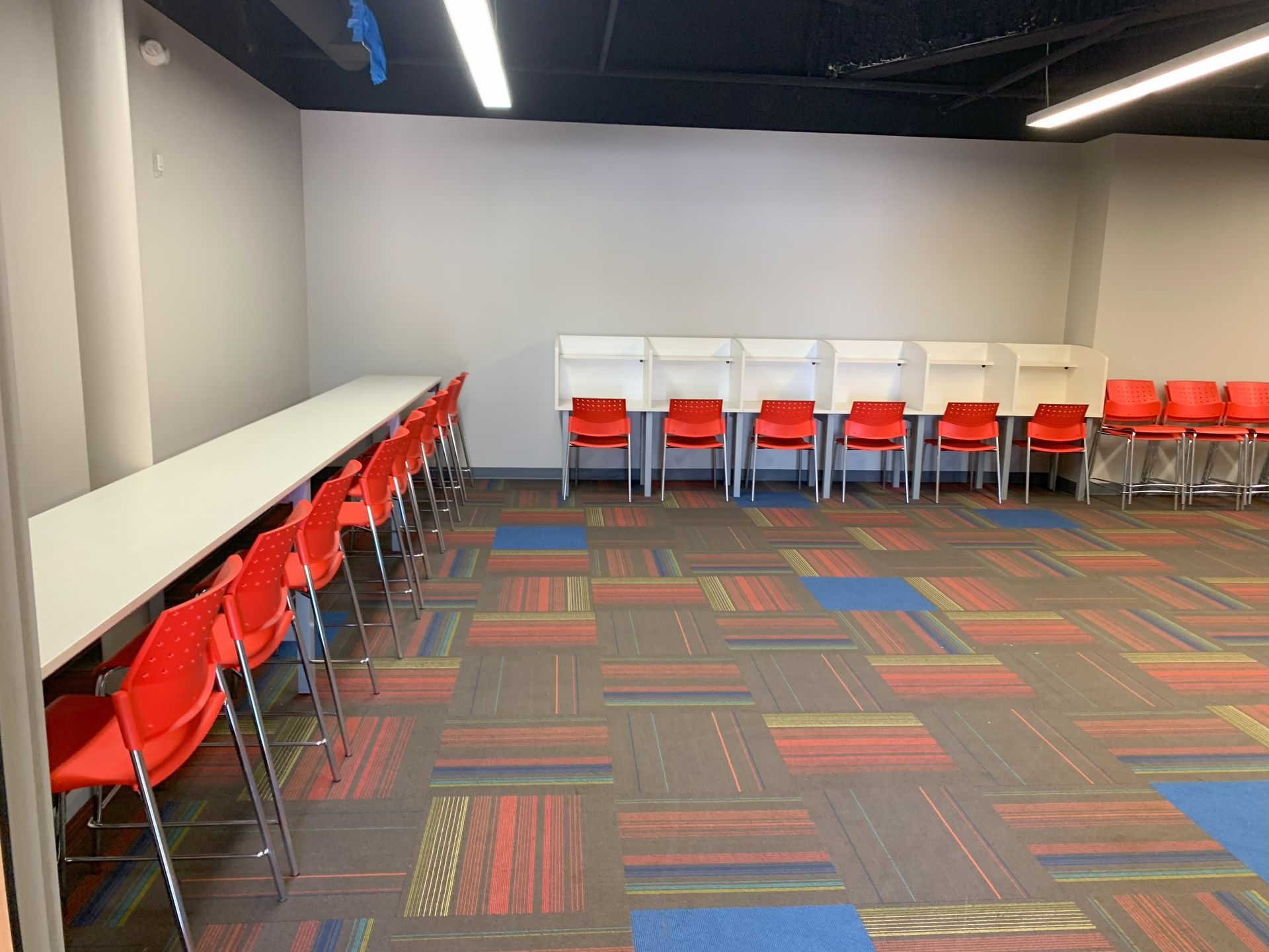 Room with gray walls and striped carpet; long white table against left wall and row of white study carrels along back wall. 