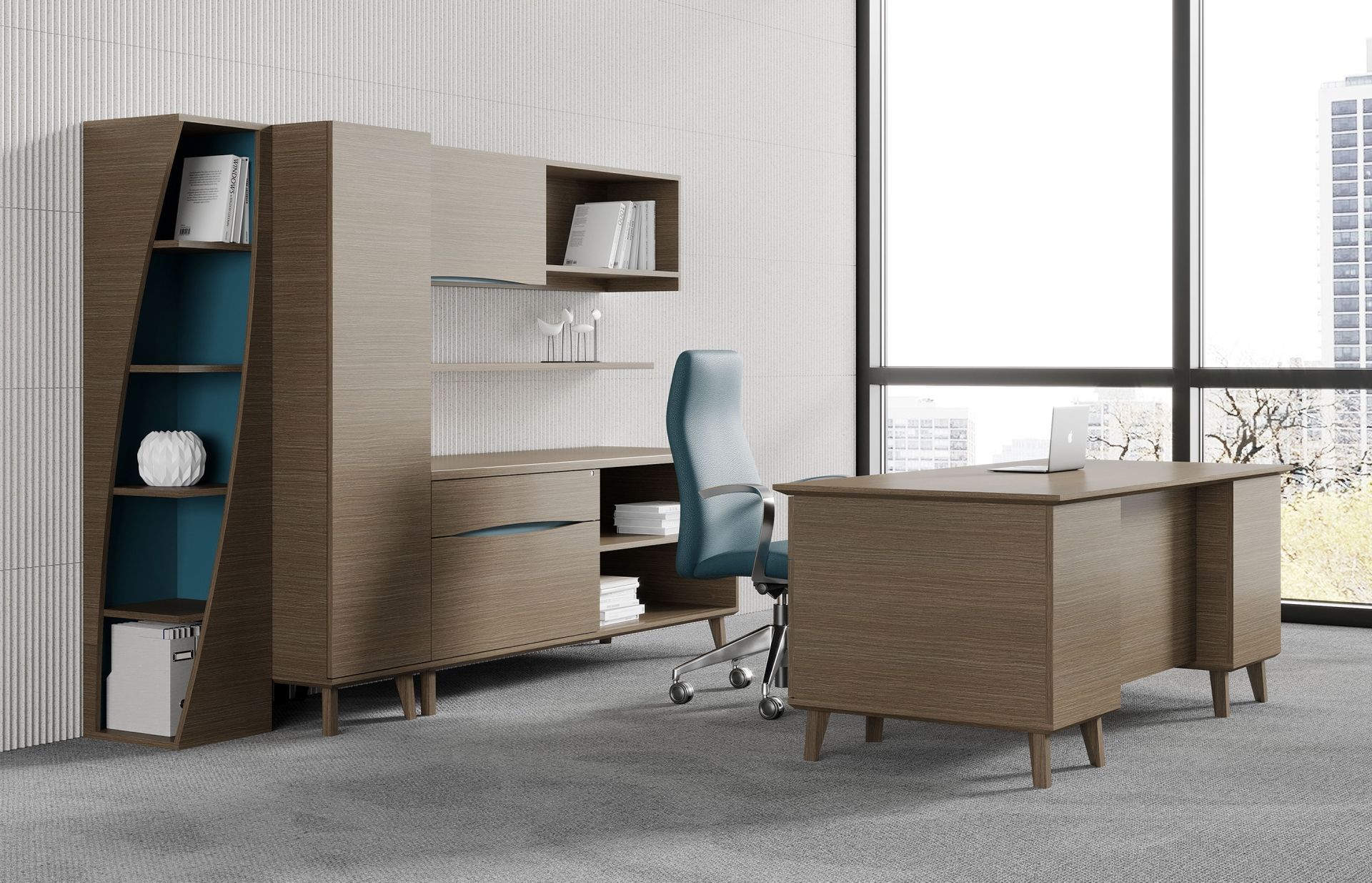 Mid-century modern executive desk with light blue chair, credenza and bookcase with blue accent.