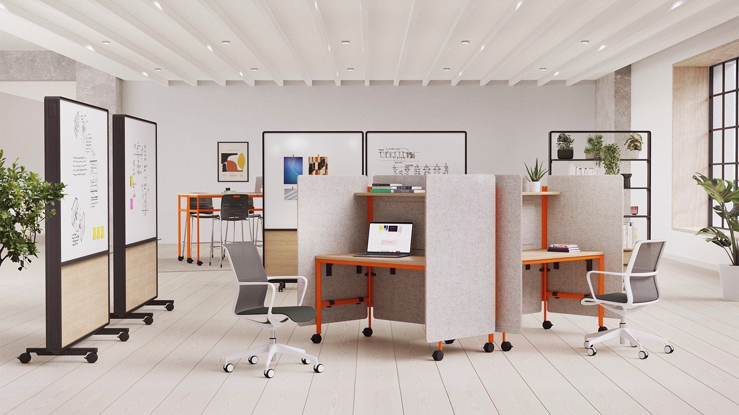 Play Pods privacy workspace with overhead shelf