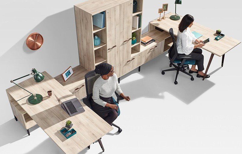 Tayco Halifax dual credenza-mounted desks with combo storage