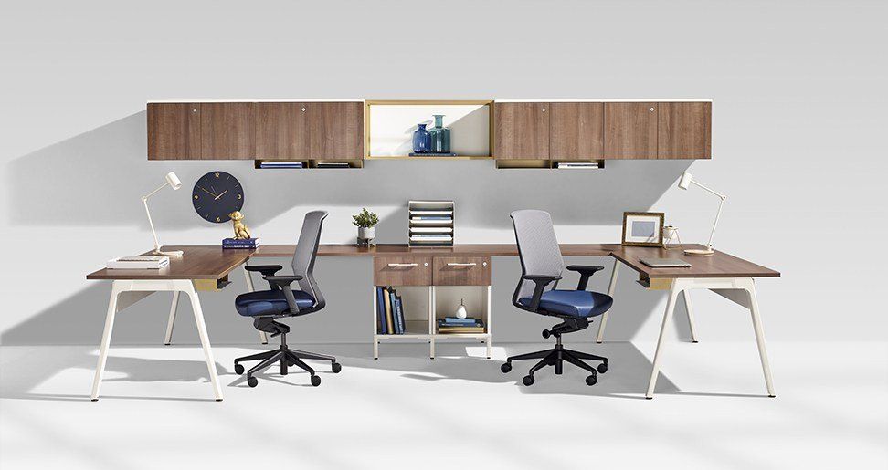 Halifax mid-century L-shape desks with wall-mounted hutch