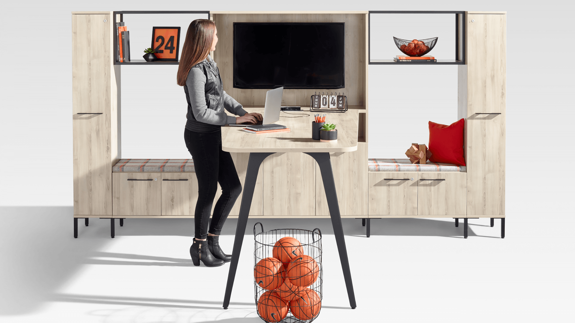 Halifax Standing V-leg AV meeting table & decorative storage with seating